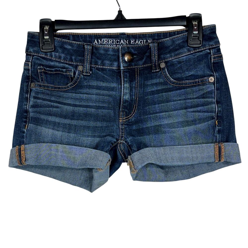 American Eagle SZ 0 MIDI Jean Shorts Cuffed Super Stretch Low-Rise Whiskered